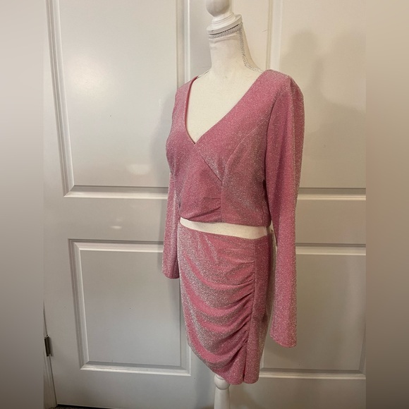 Crystal Doll Sparkly Pink 2-Piece Dress Set Mini Skirt & Long Sleeve Crop Top XL - Picture 8 of 16